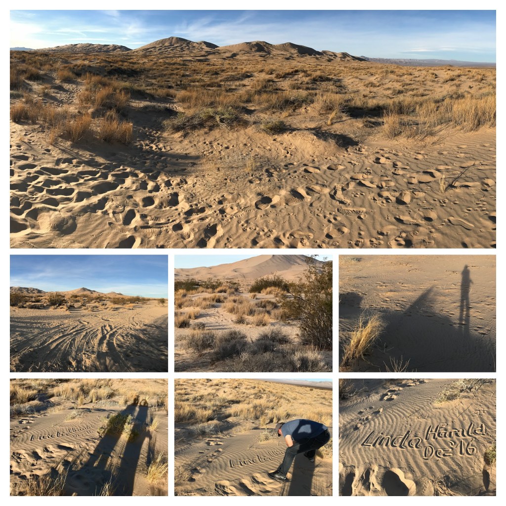 Spuren und Schatten über der Mojave Wüste bei den Kelso Dünen im Joshua Tree Nationalpark in Kalifornien